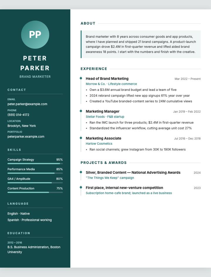 Sidebar Two-Column CV template preview