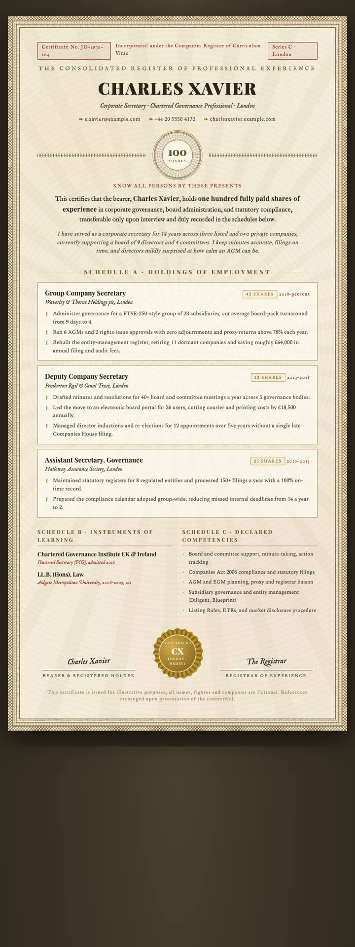 Stock Certificate CV template preview