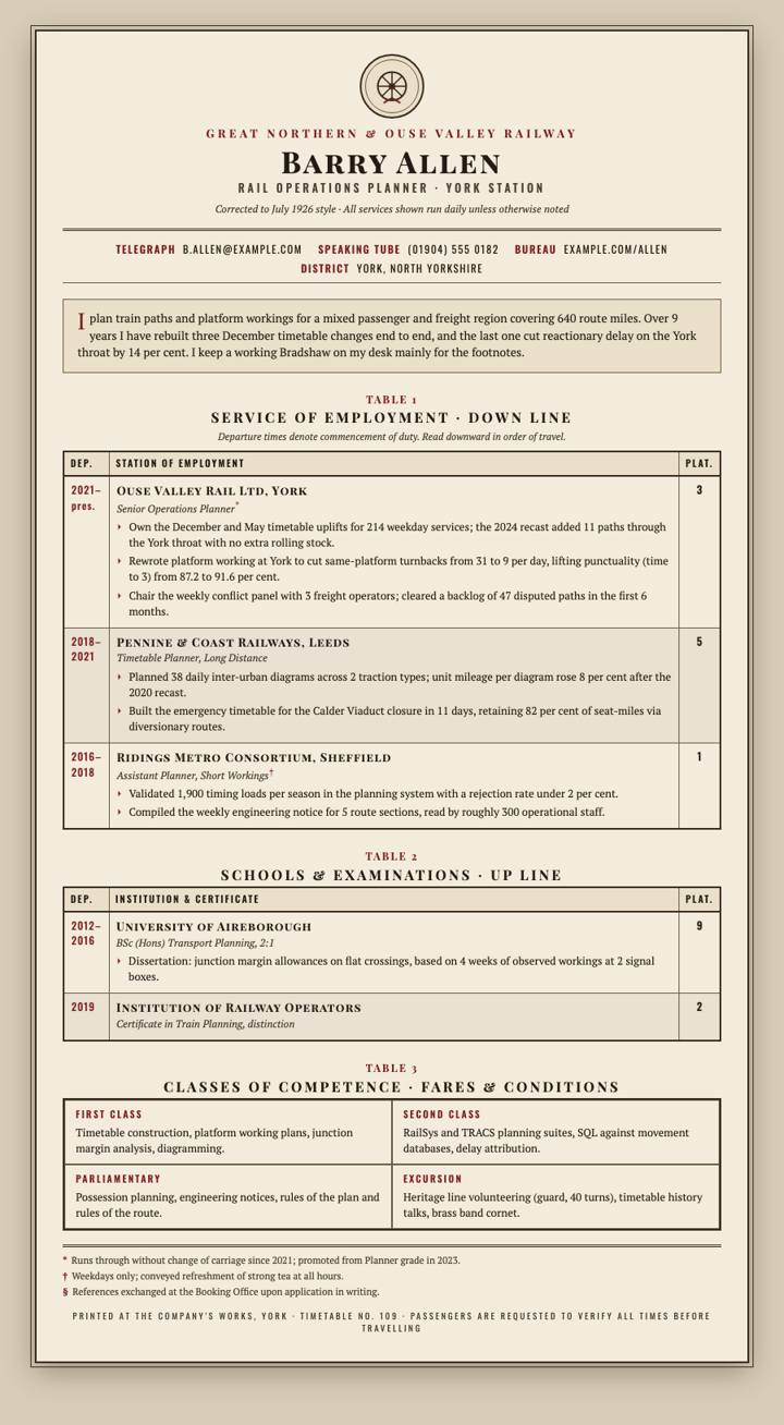 Railway Timetable CV template preview