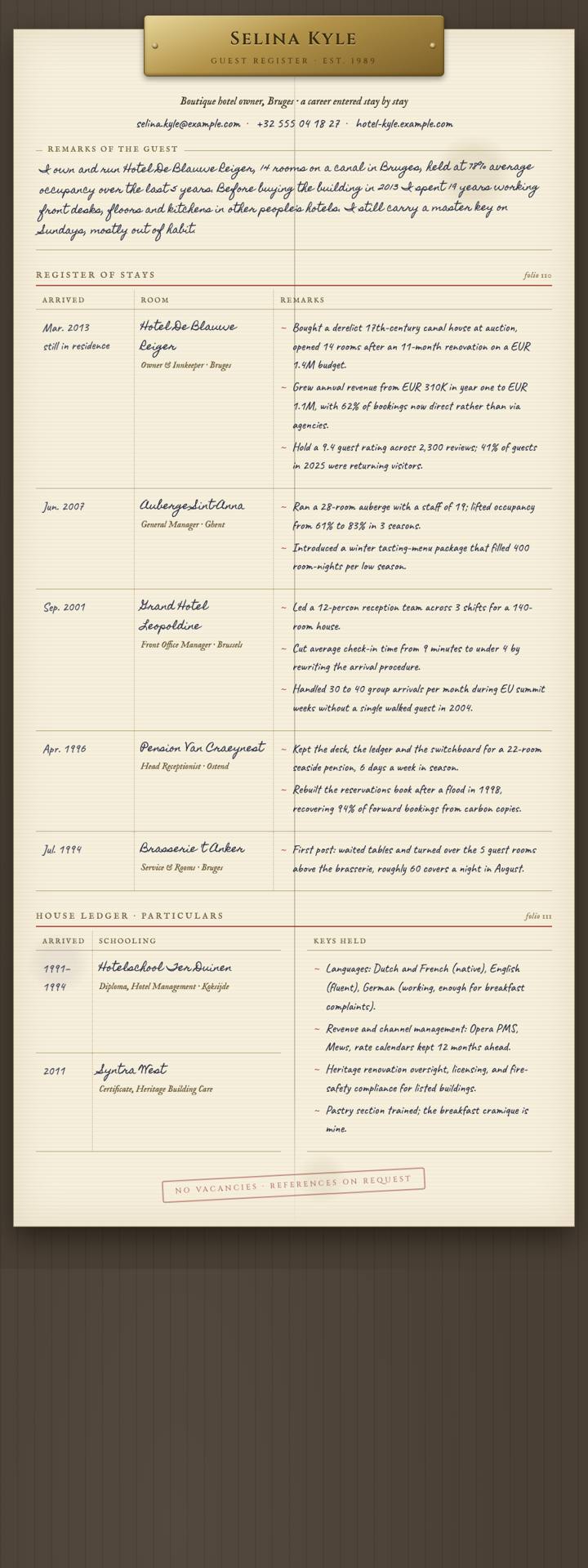 Hotel Register CV template preview