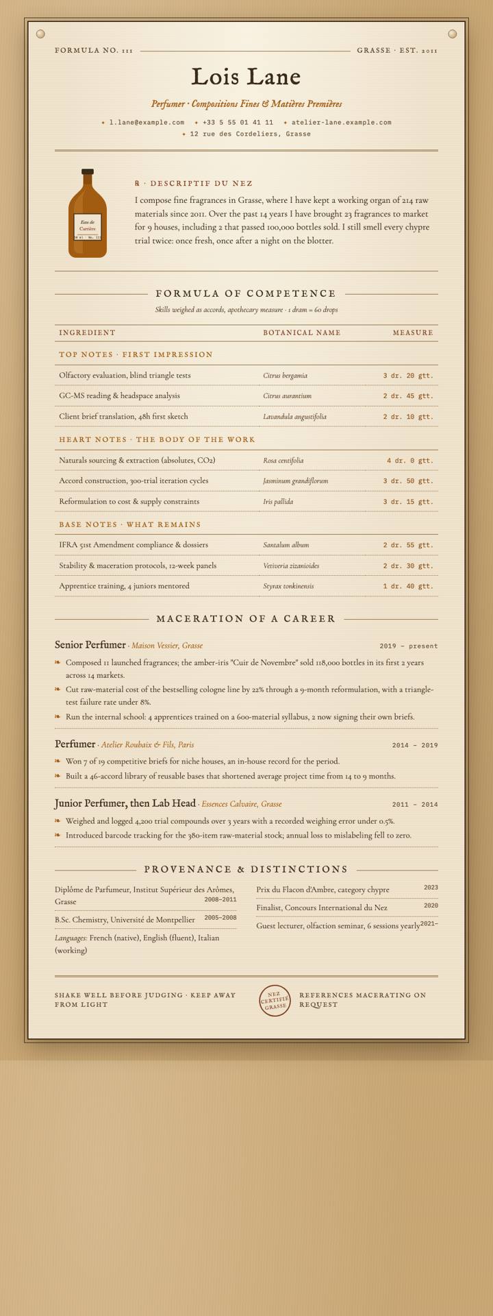 Perfumer Formula CV template preview