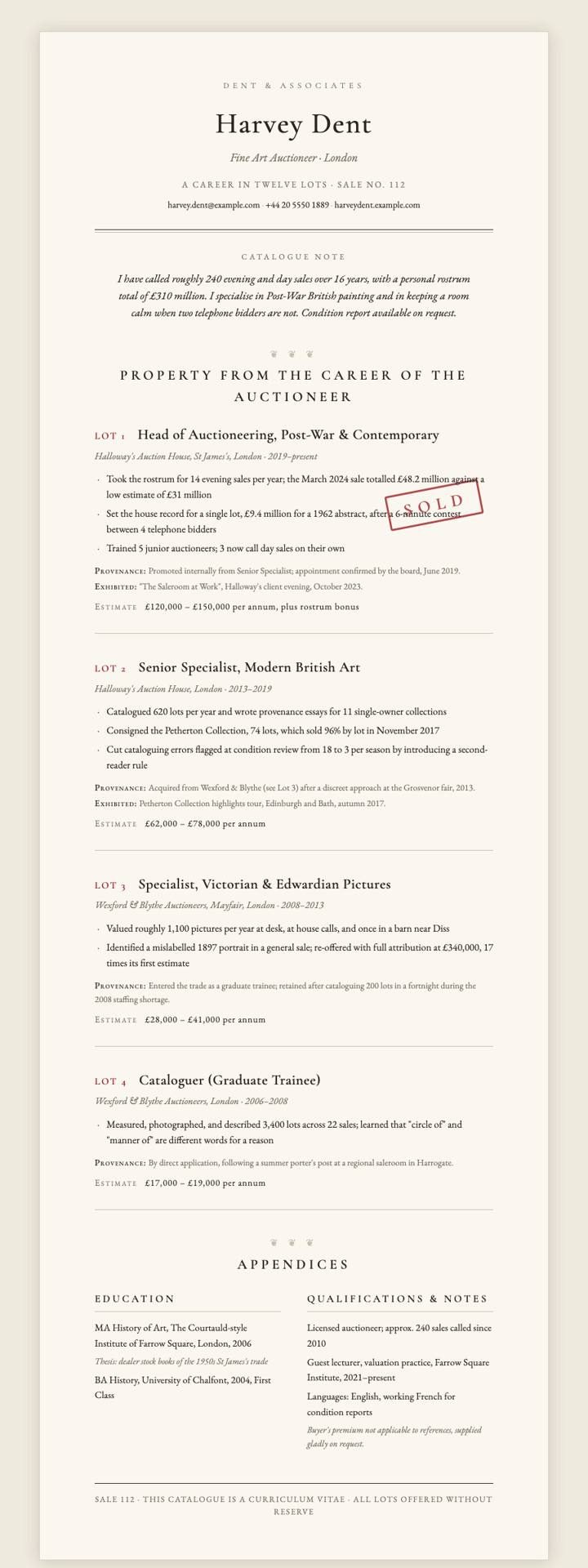 Auction Catalogue CV template preview