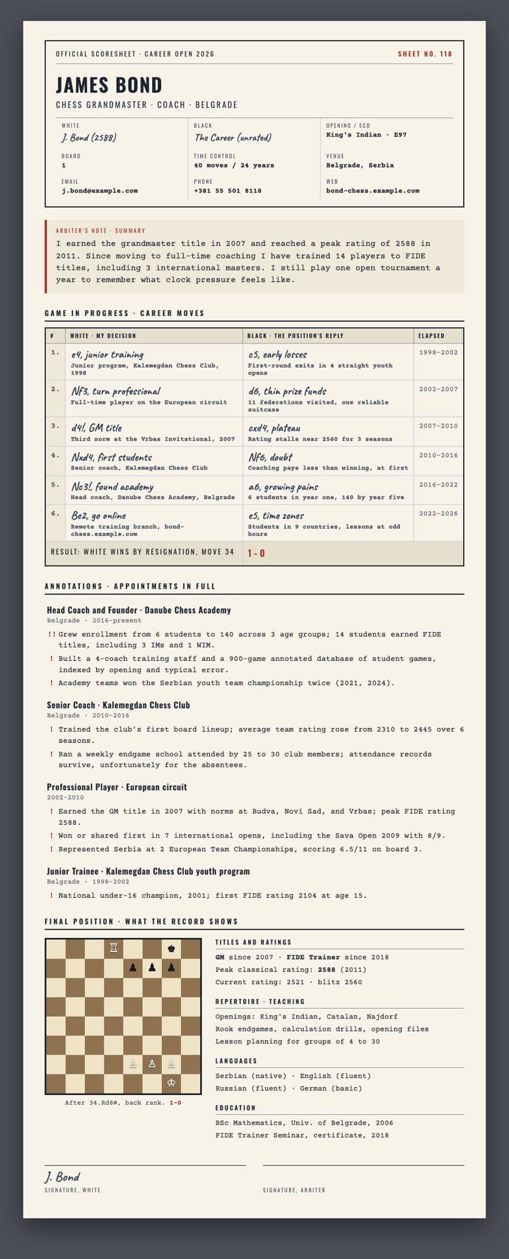 Chess Scoresheet CV template preview