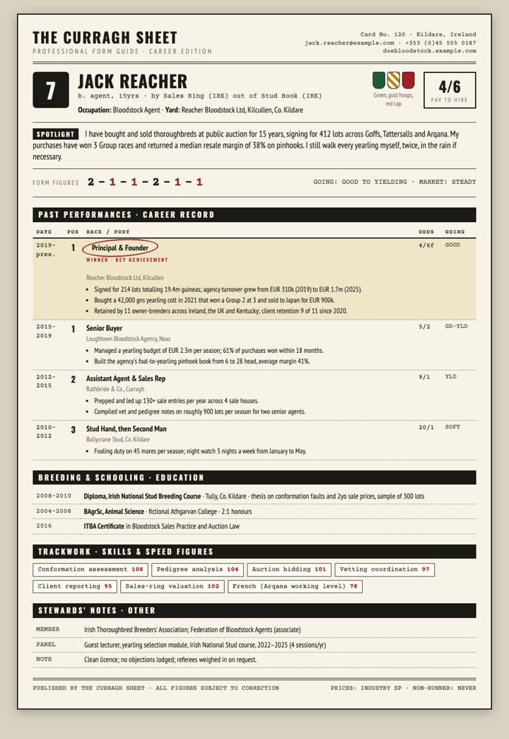 Racing Form CV template preview