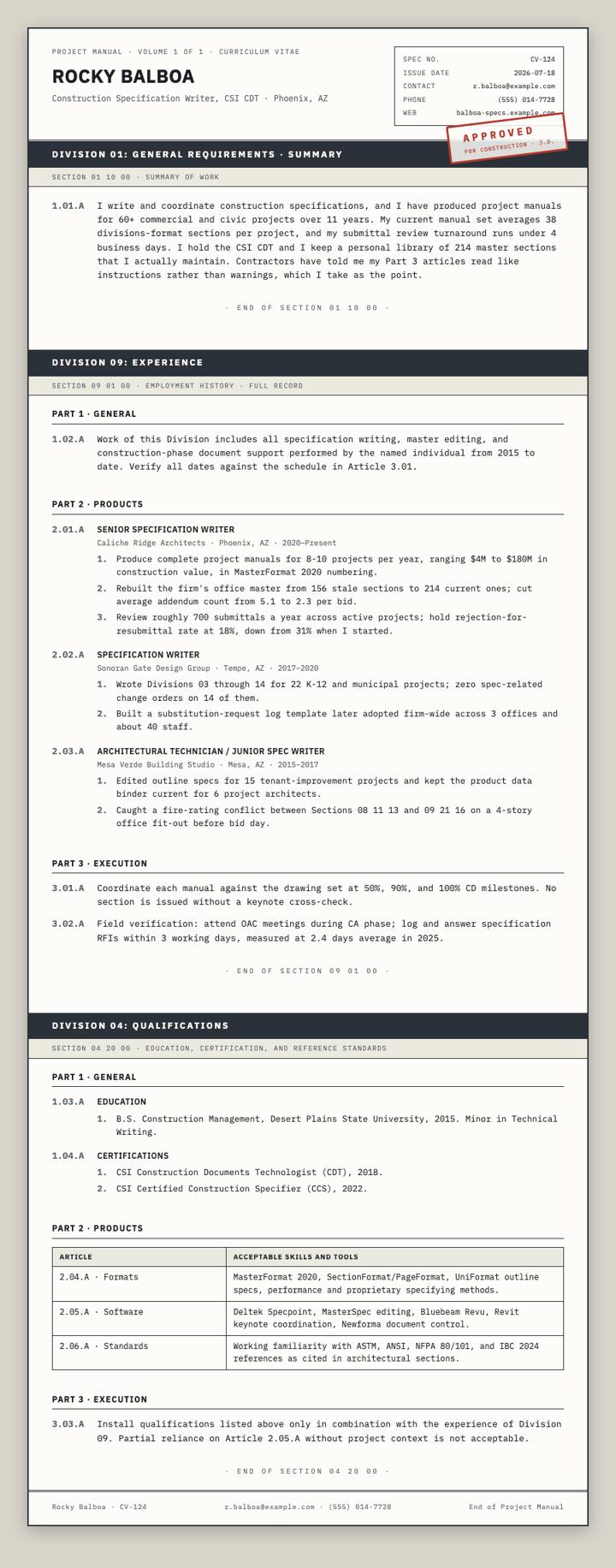 Spec Book CV template preview