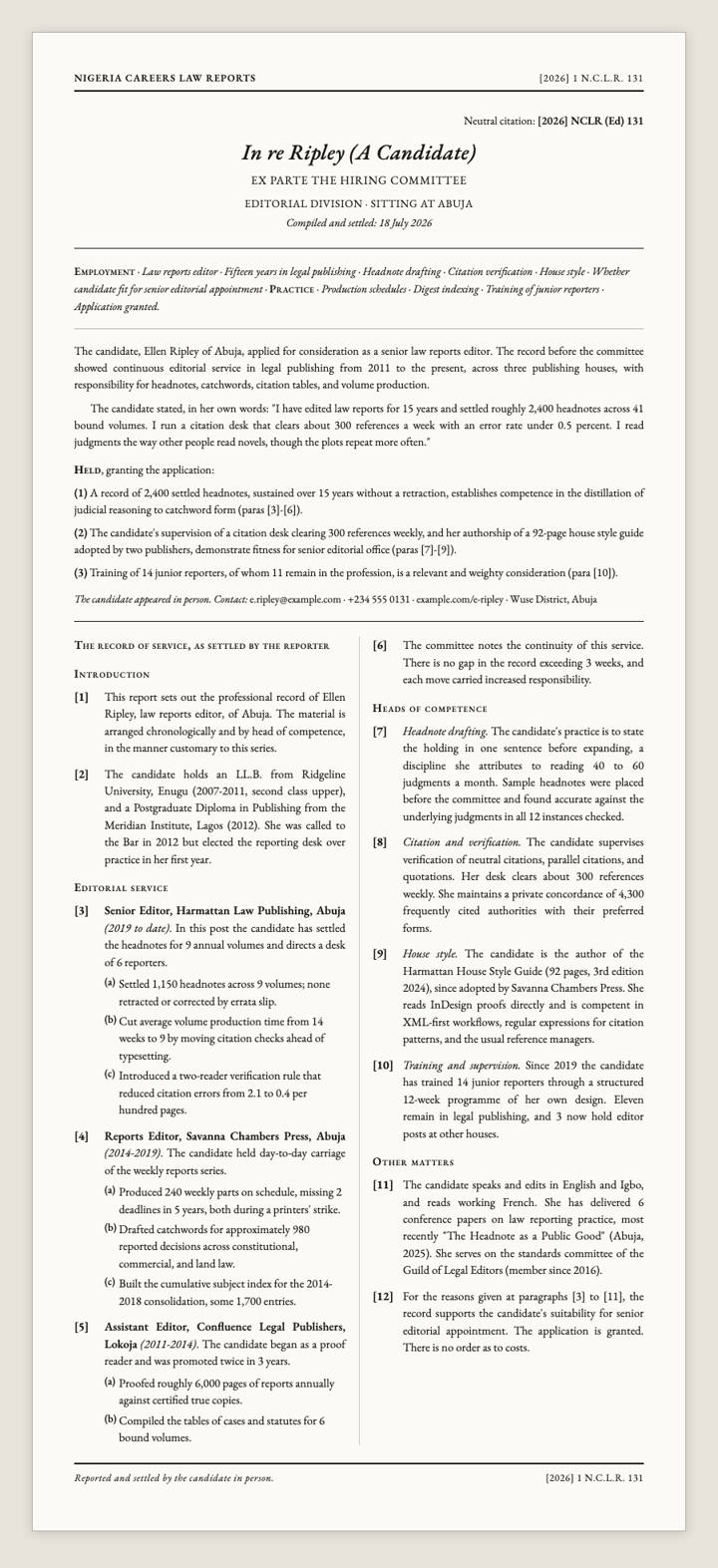 Law Report CV template preview