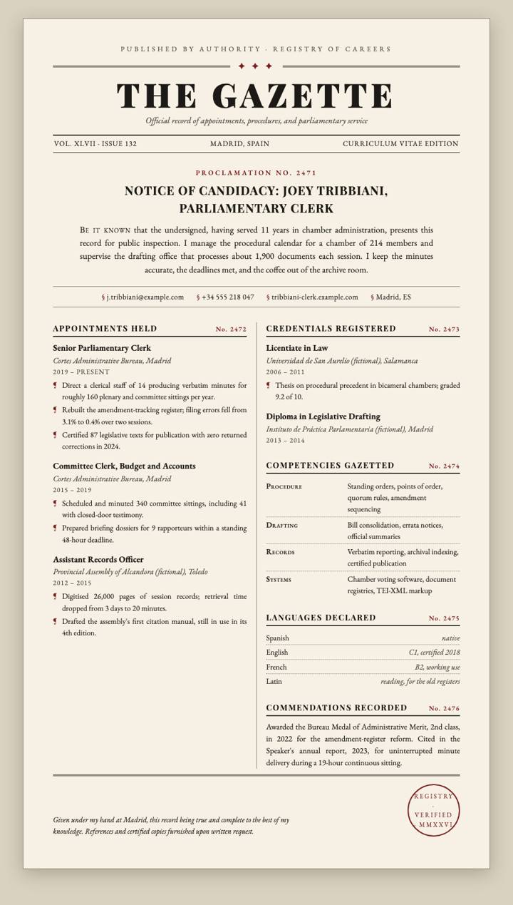 Gazette Official CV template preview