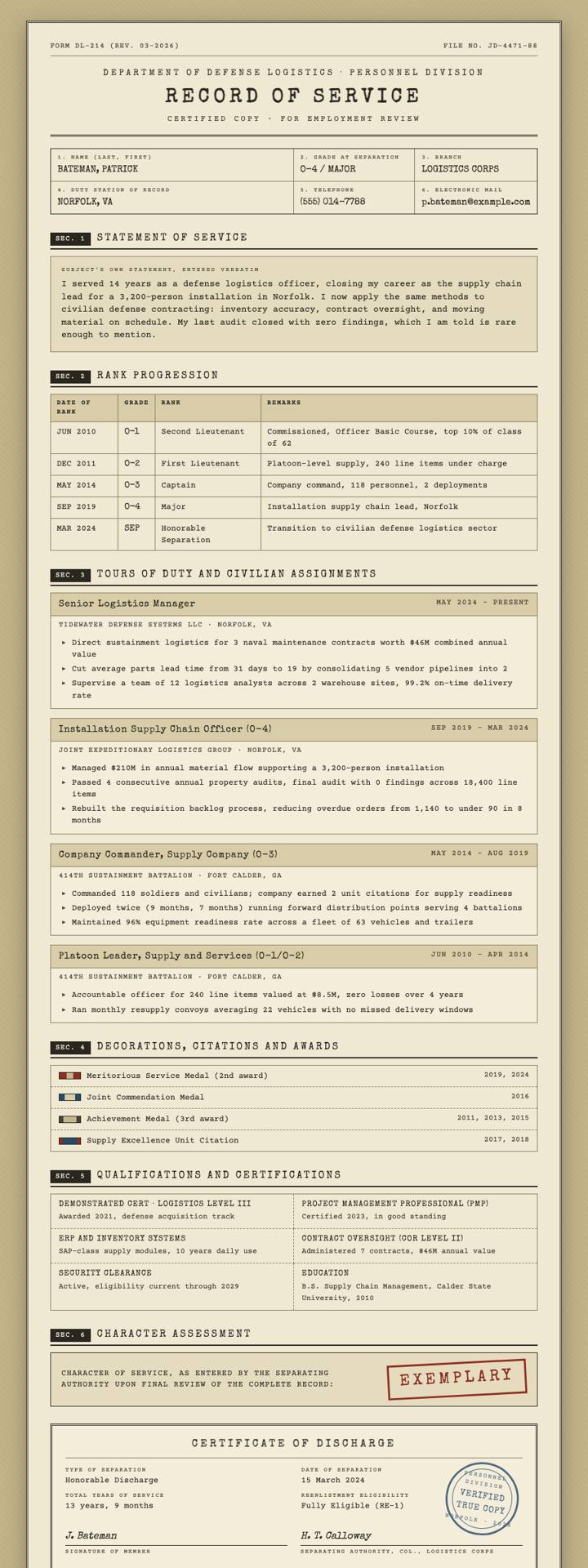 Military Record CV template preview
