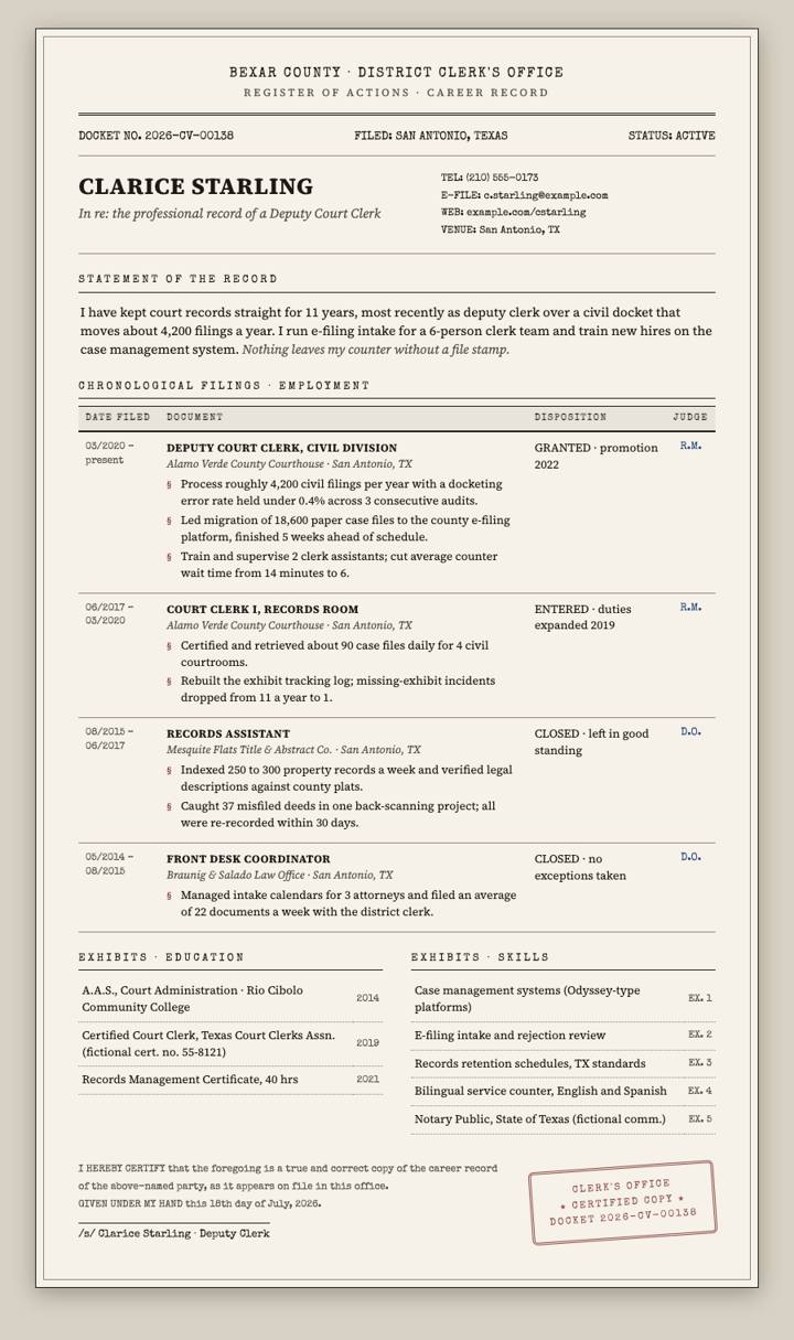 Court Docket CV template preview