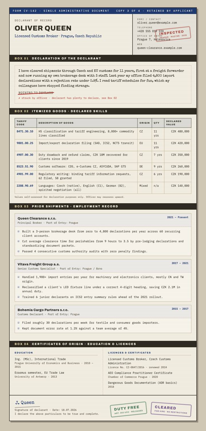 Customs Declaration CV template preview
