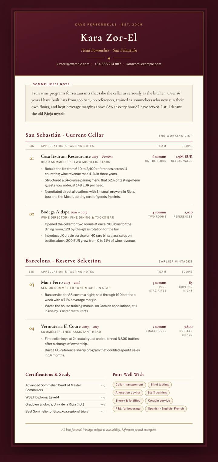 Wine List CV template preview