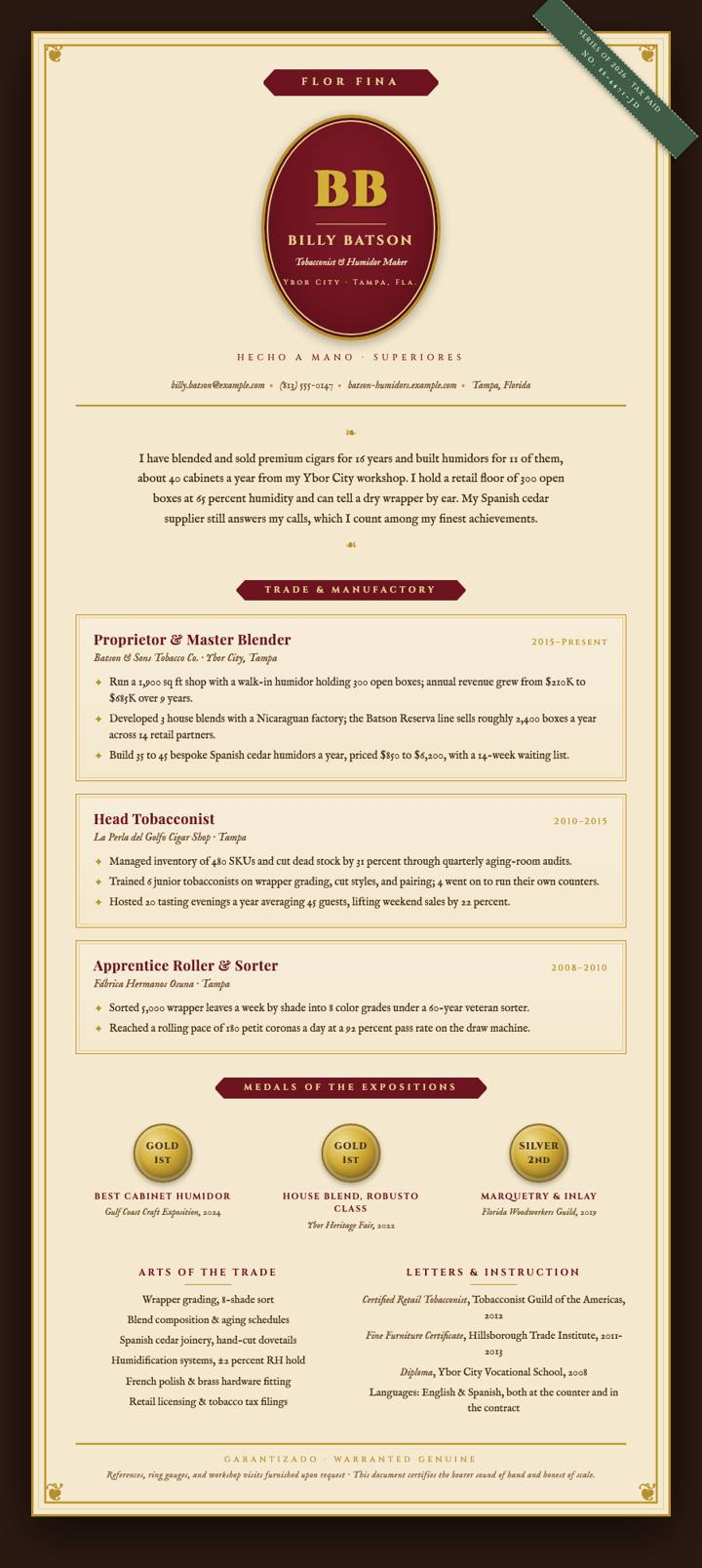 Cigar Label CV template preview