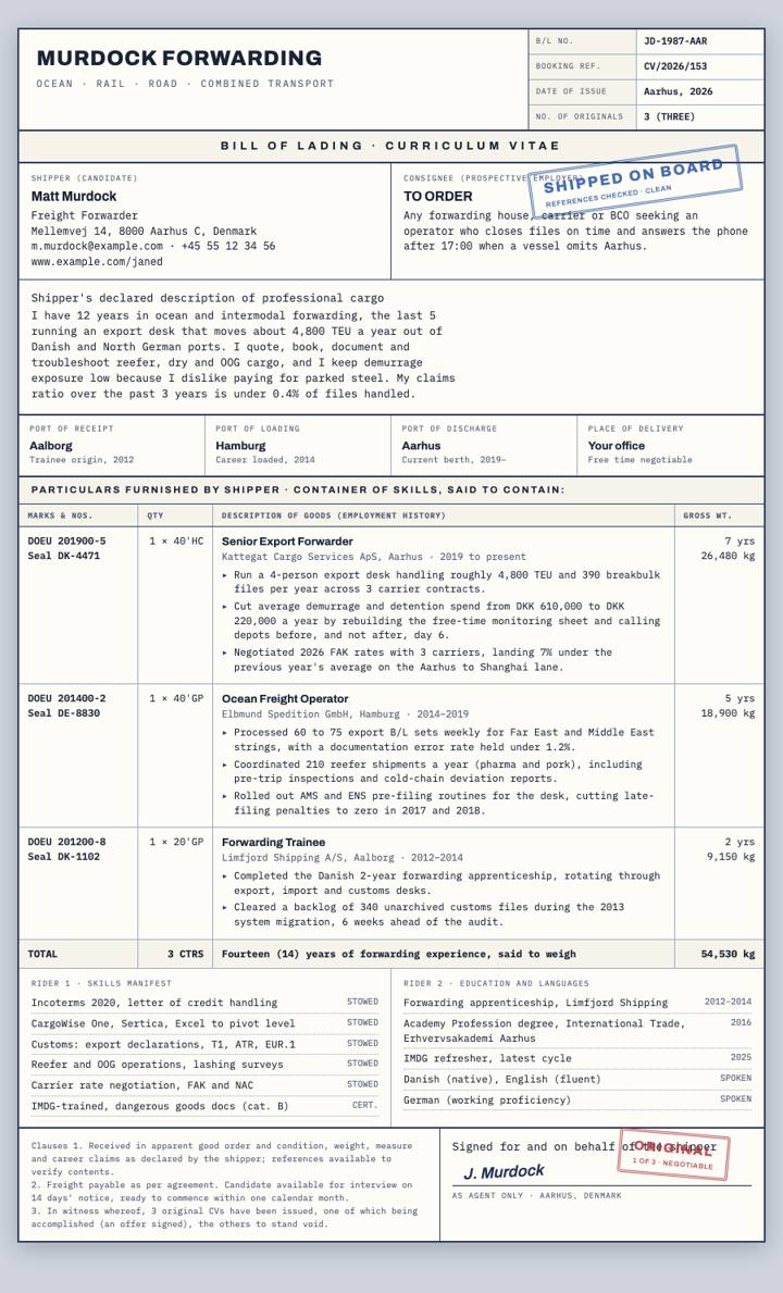 Bill Of Lading CV template preview