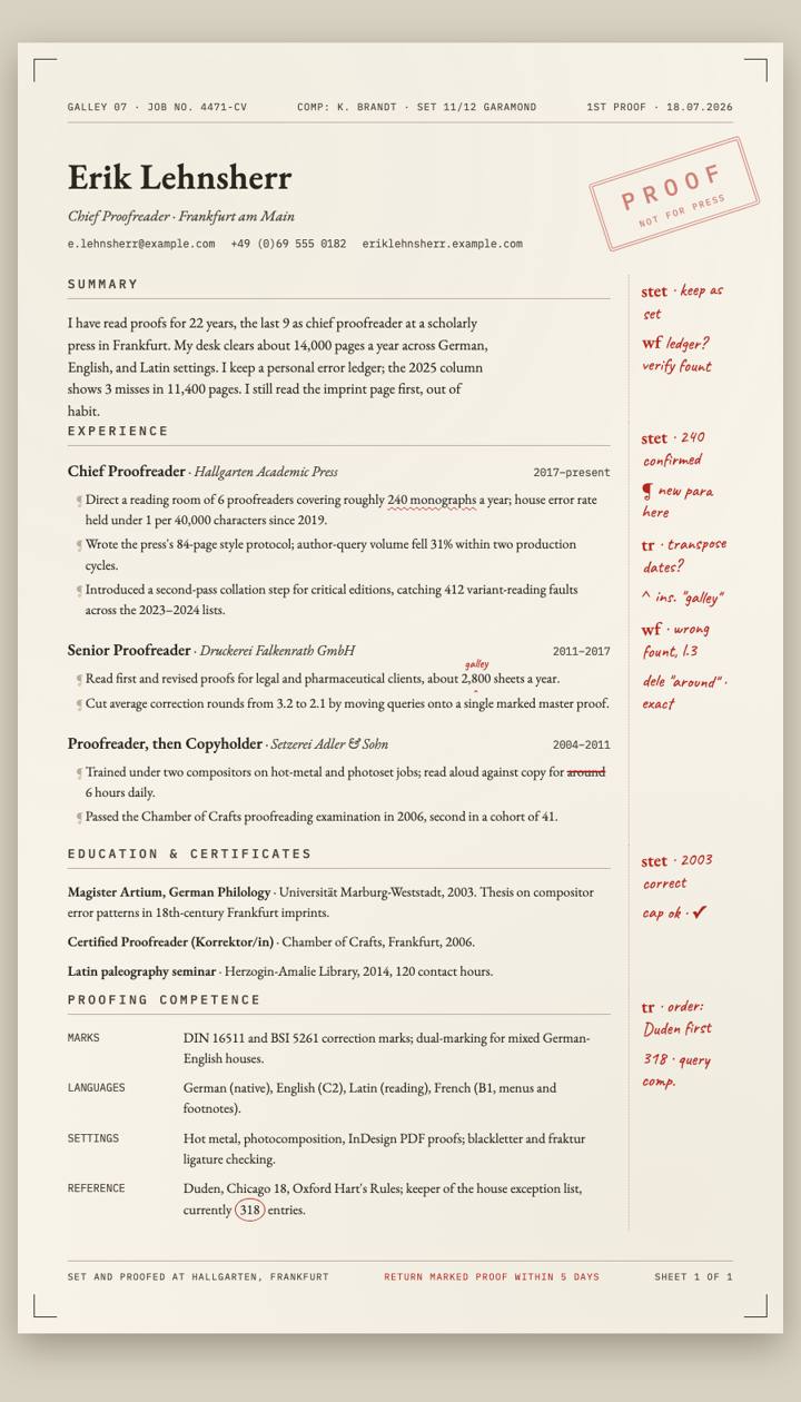 Galley Proof CV template preview