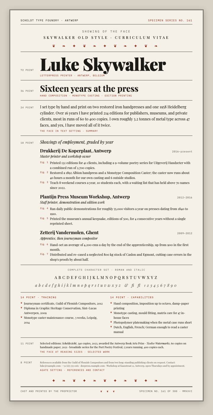 Type Specimen CV template preview