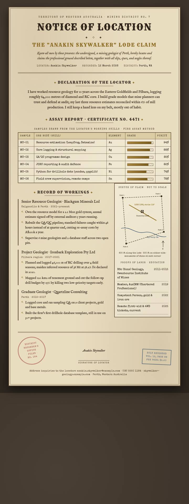 Mining Claim CV template preview