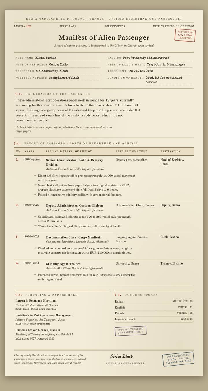 Passenger Manifest CV template preview