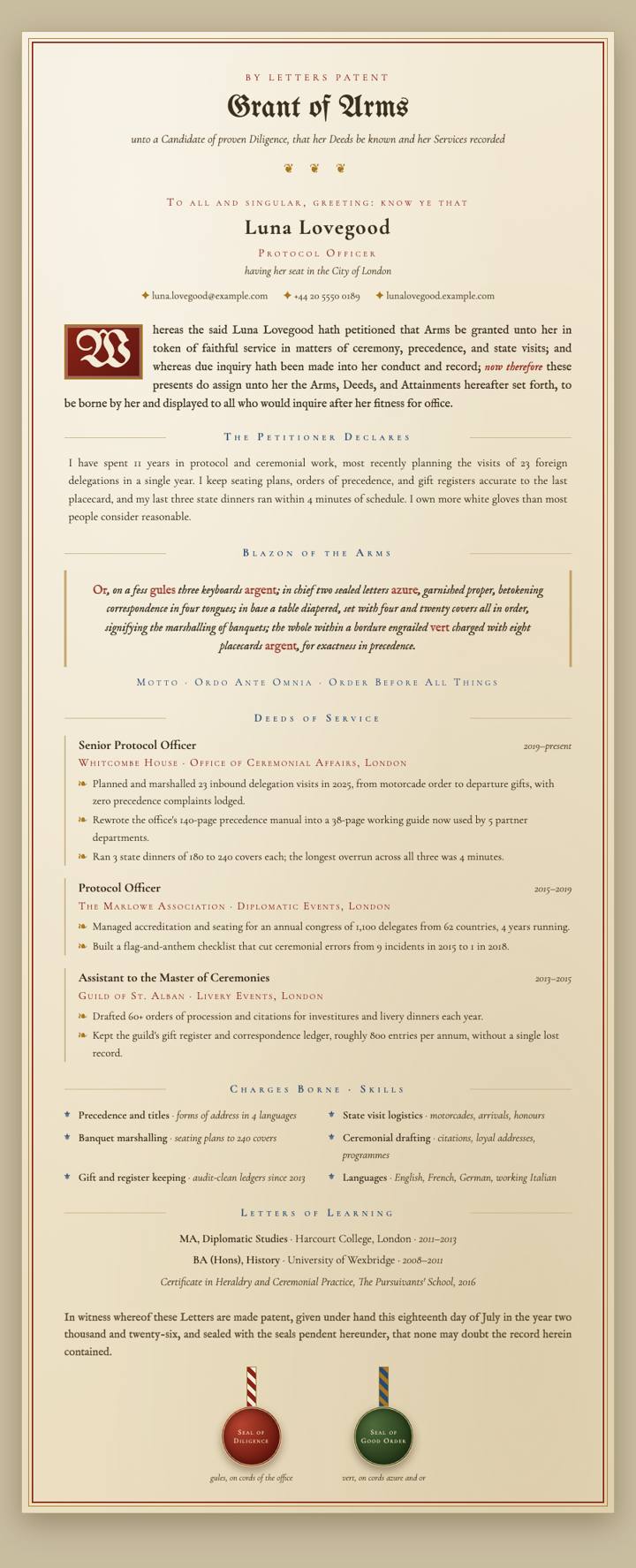Grant Of Arms CV template preview