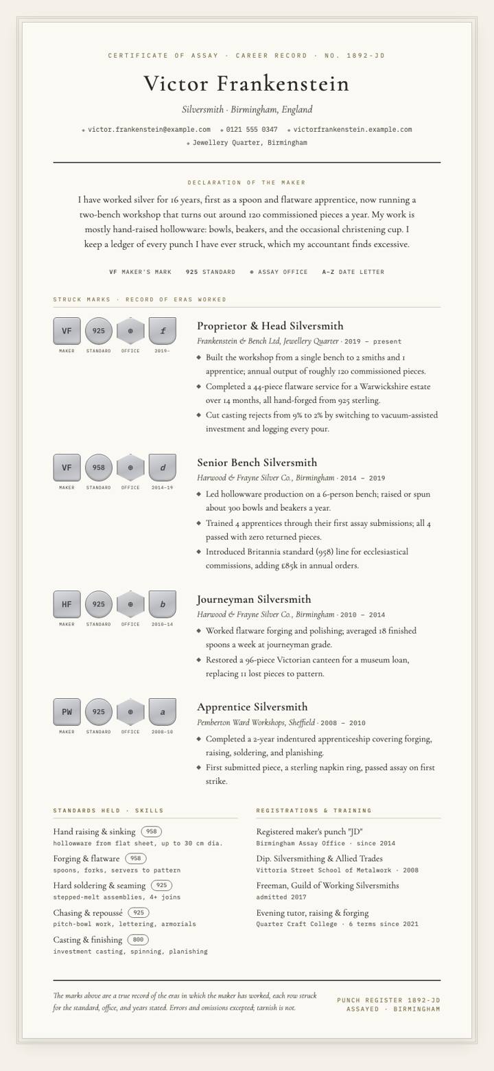 Hallmarks Chart CV template preview