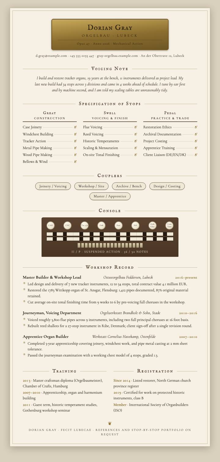 Organ Specification CV template preview