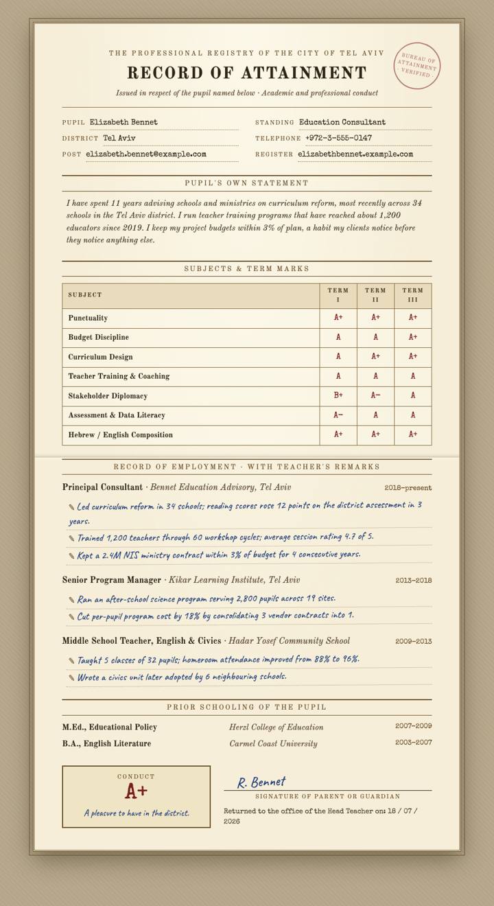 Report Card CV template preview