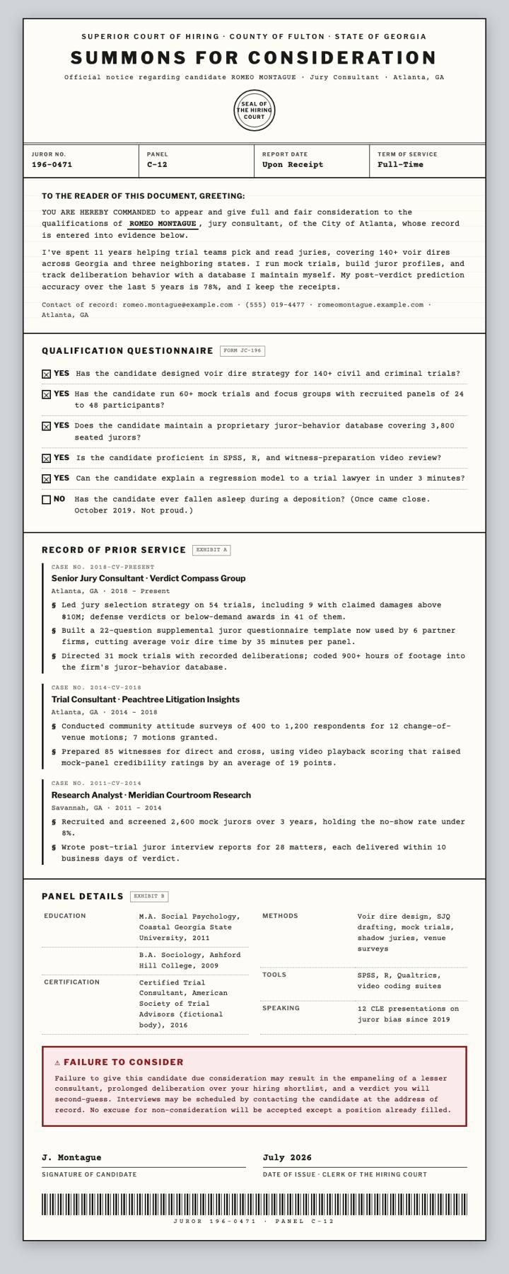 Jury Summons CV template preview