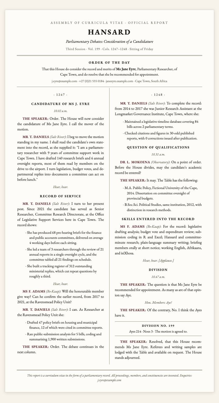 Hansard Debate CV template preview