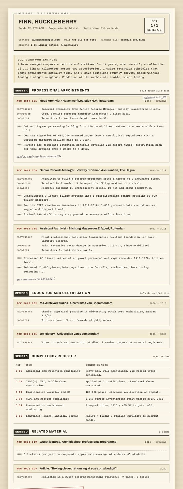 Archive Accession CV template preview