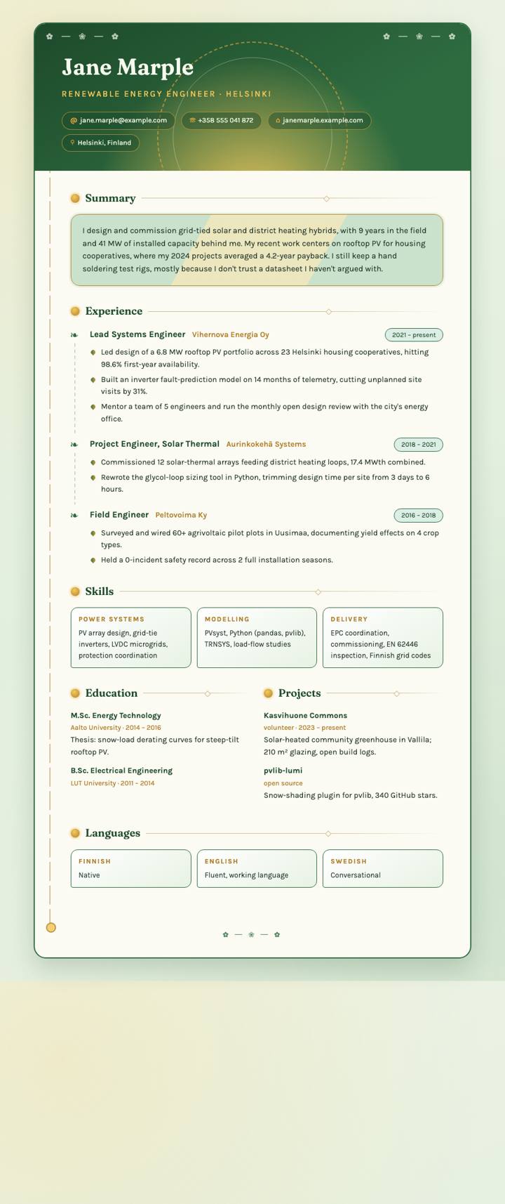 Solarpunk CV template preview