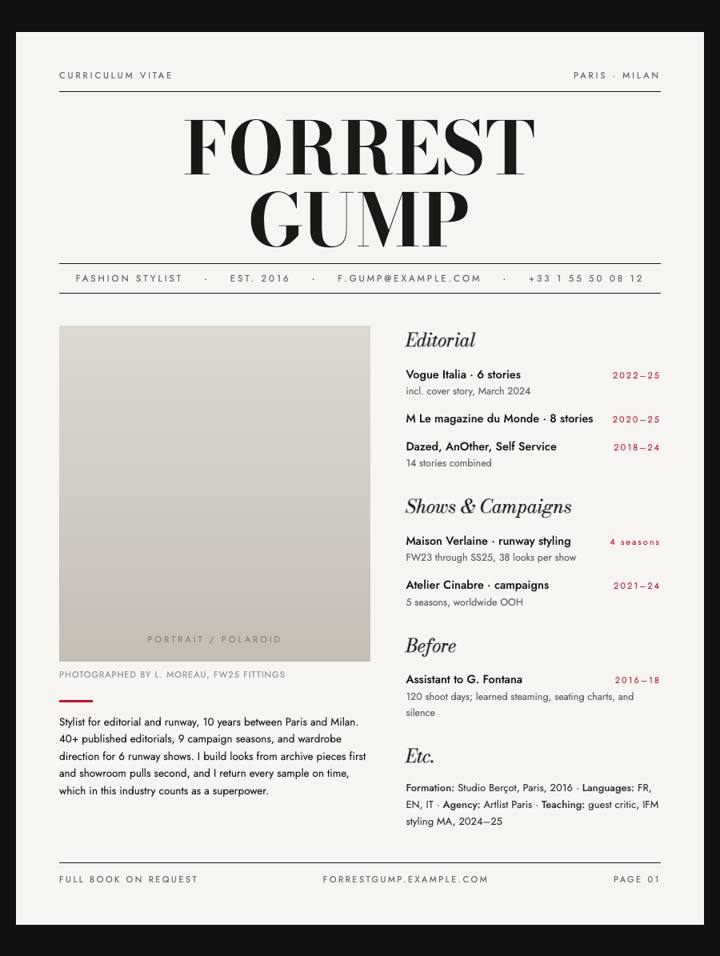 Fashion Editorial CV template preview