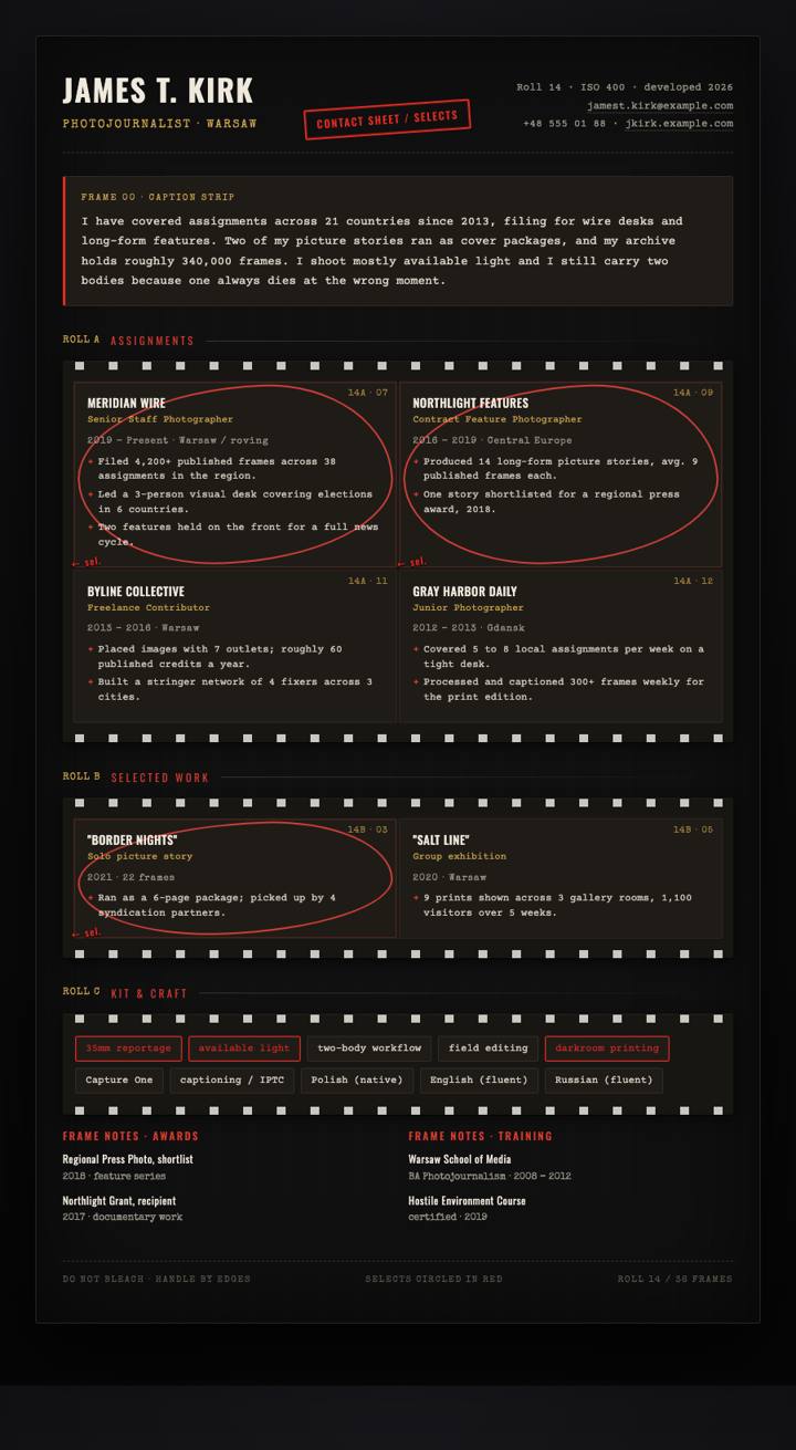Contact Sheet CV template preview