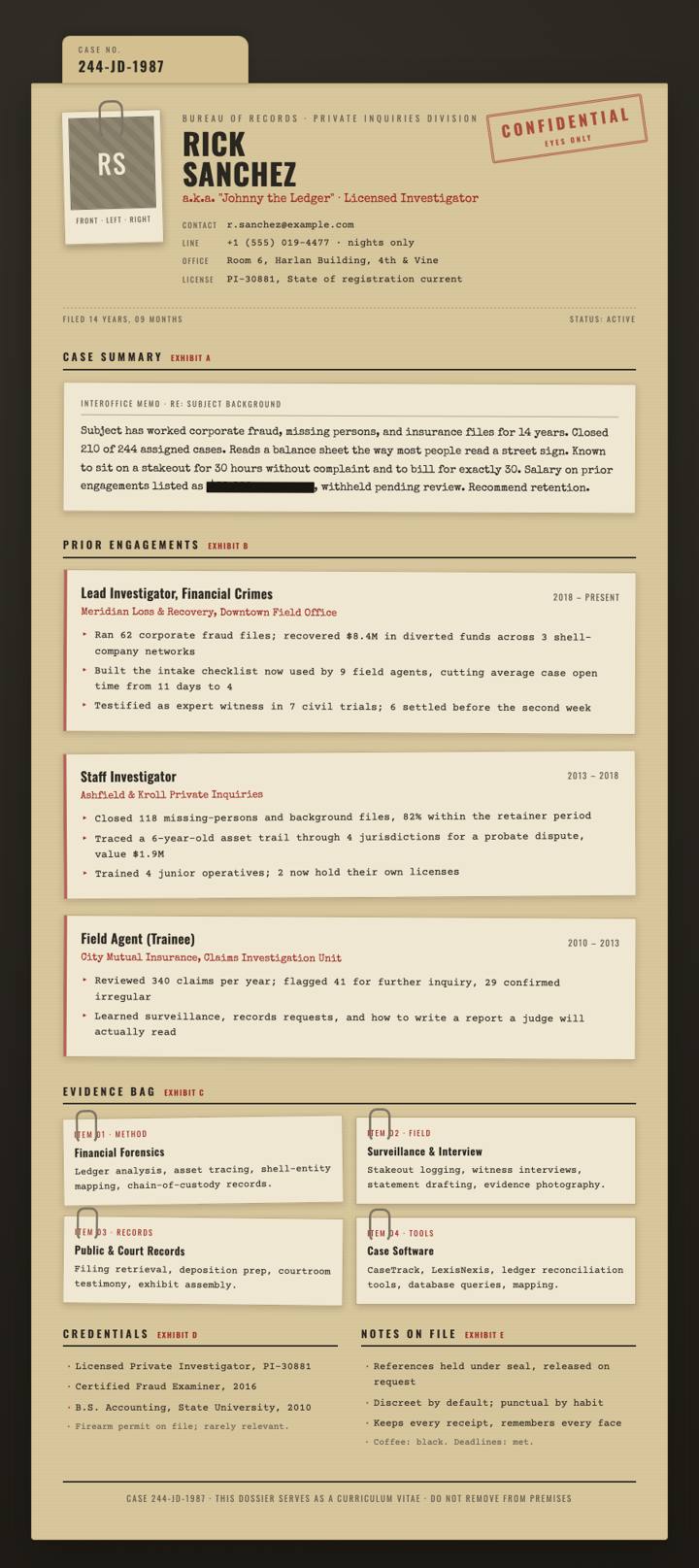 Noir Case File CV template preview