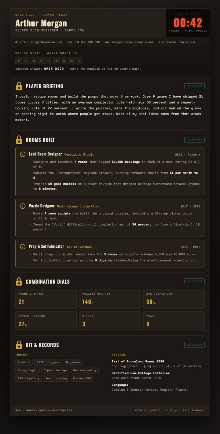 Escape Room CV template preview
