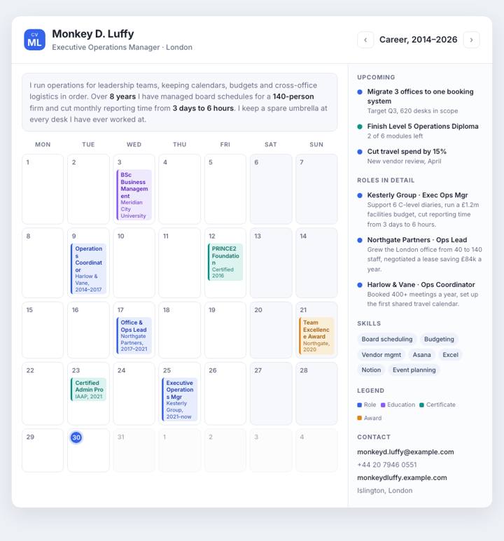 Calendar App CV template preview