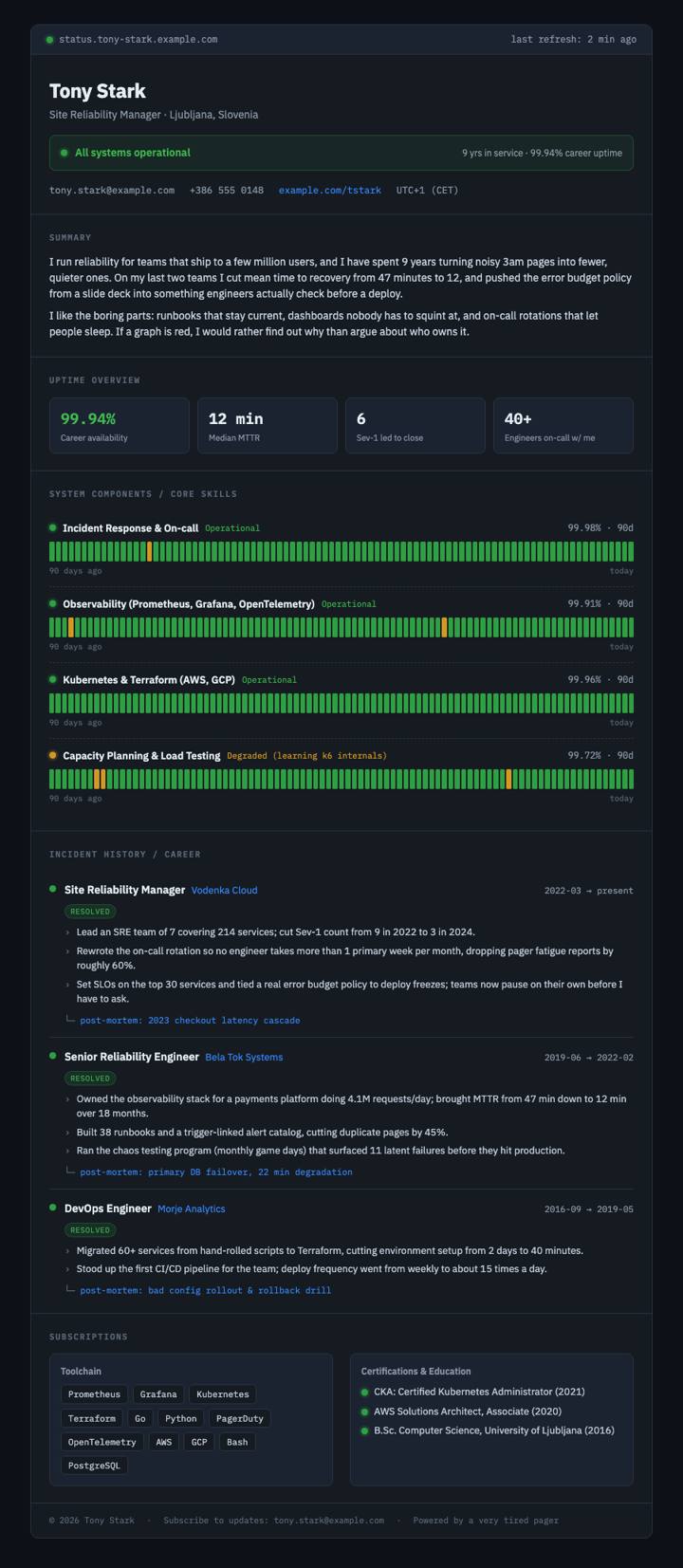 Status Page CV template preview
