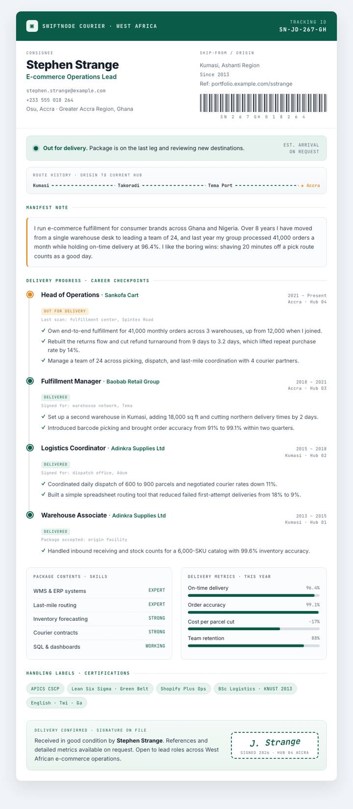 Package Tracking CV template preview