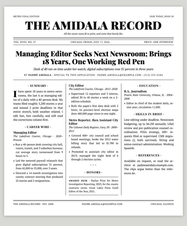 Broadsheet News CV template preview