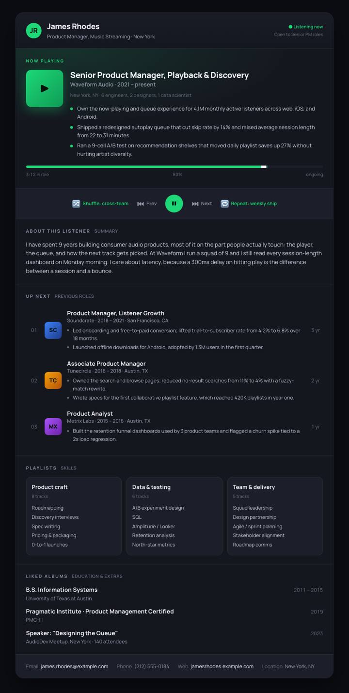 Music Player CV template preview