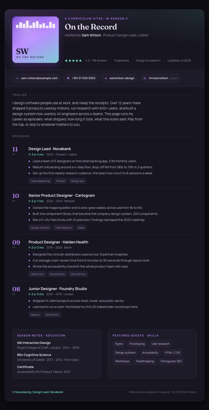 Podcast Page CV template preview