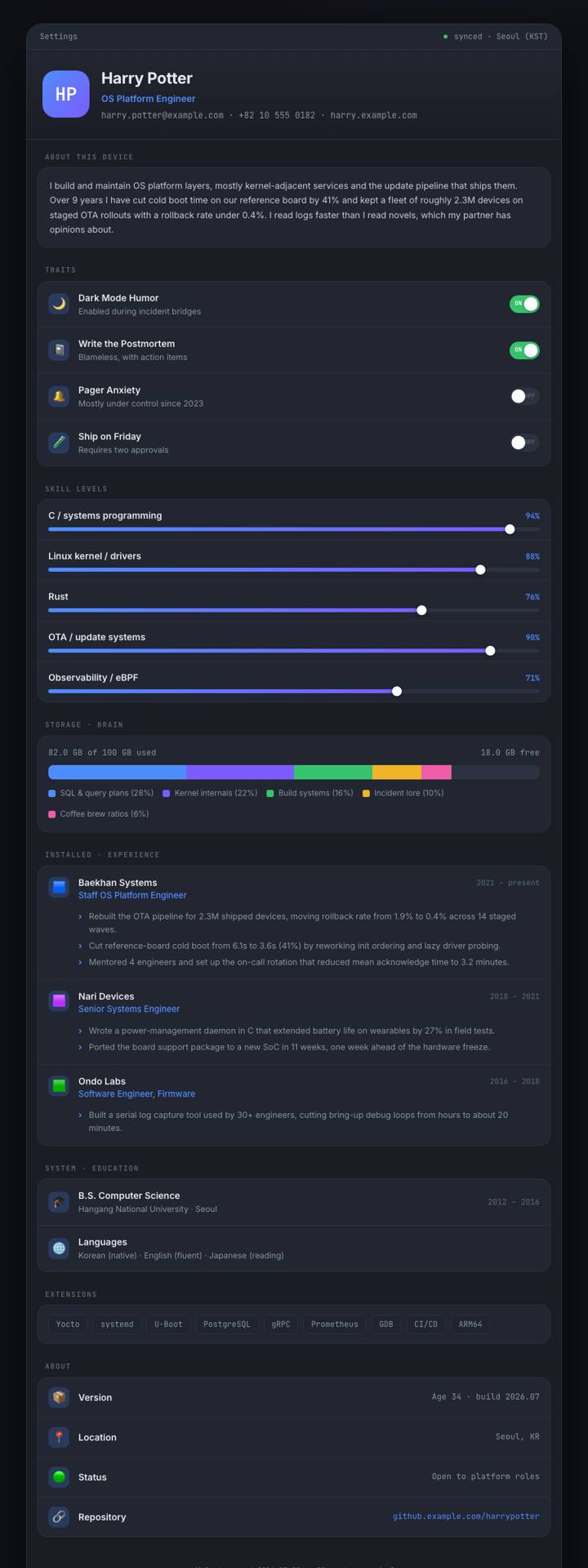 Settings Page CV template preview