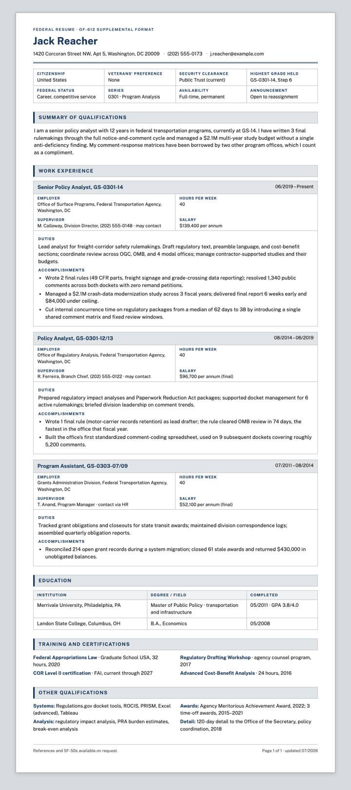 Federal Form CV template preview
