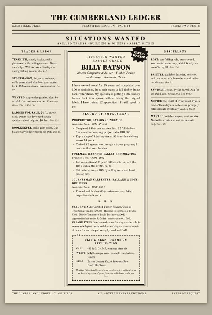 Vintage Classified CV template preview