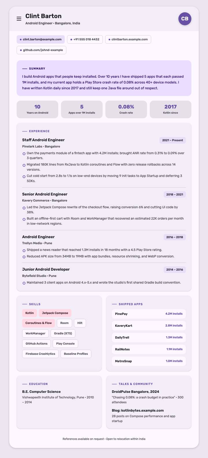 Material Design CV template preview