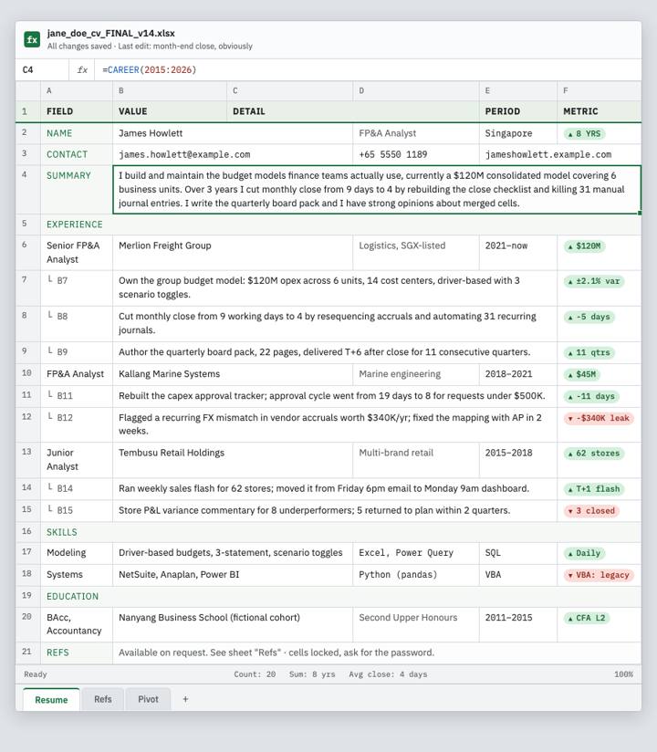 Spreadsheet CV template preview