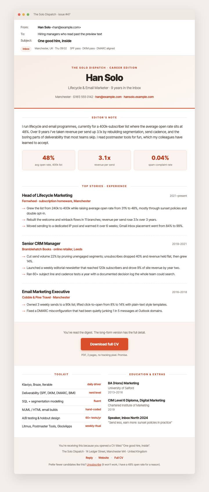 Email Newsletter CV template preview