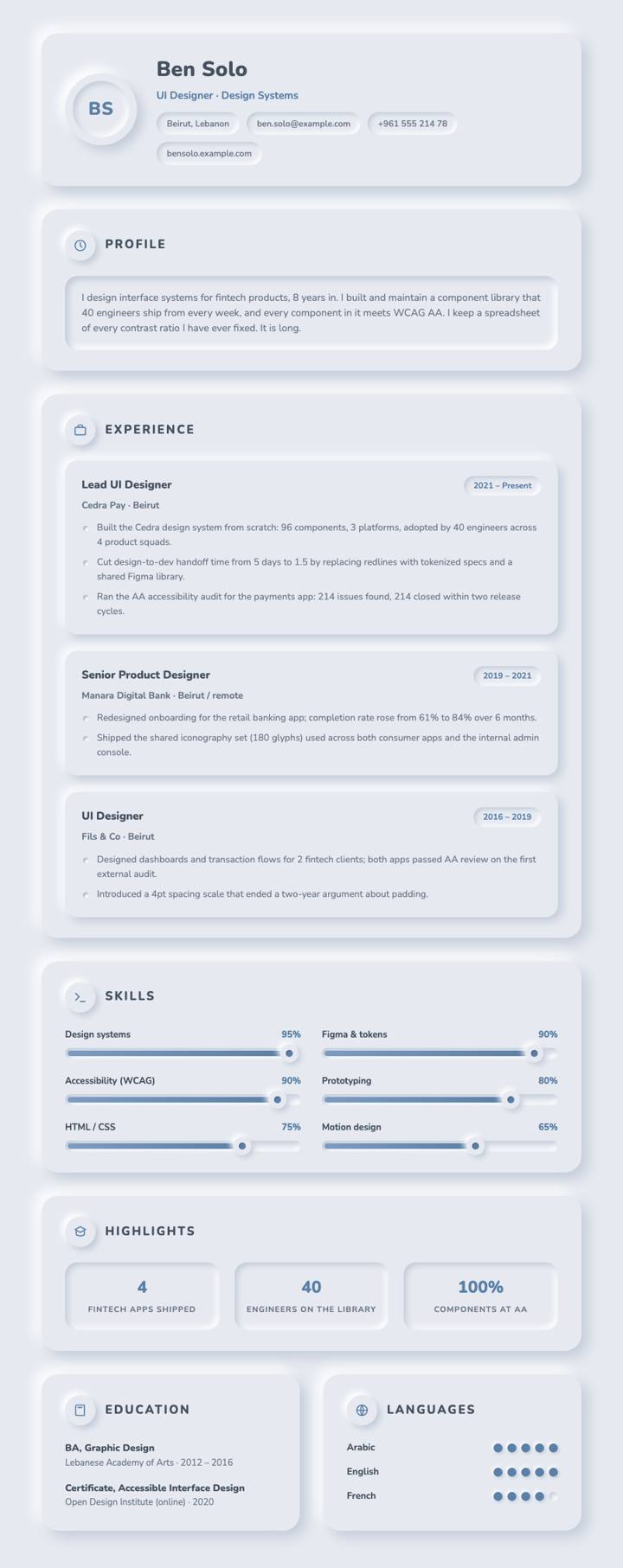 Neumorphic CV template preview