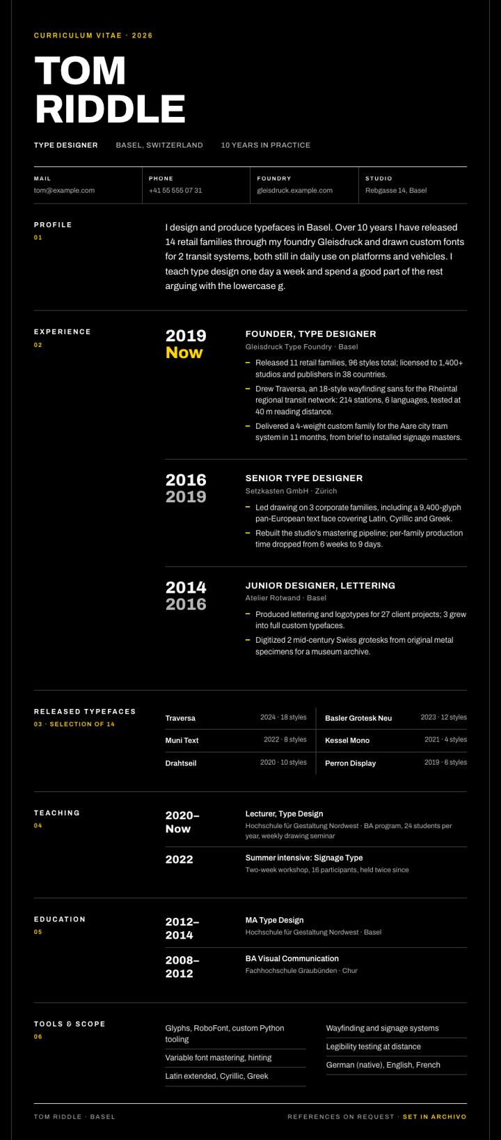 Swiss Dark CV template preview