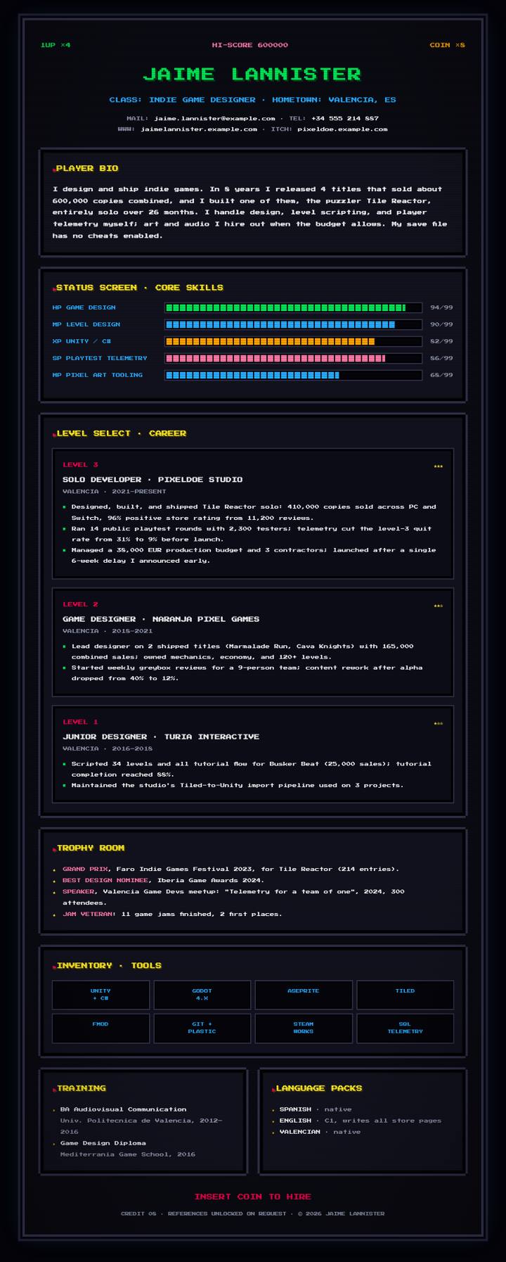 Pixel Arcade CV template preview