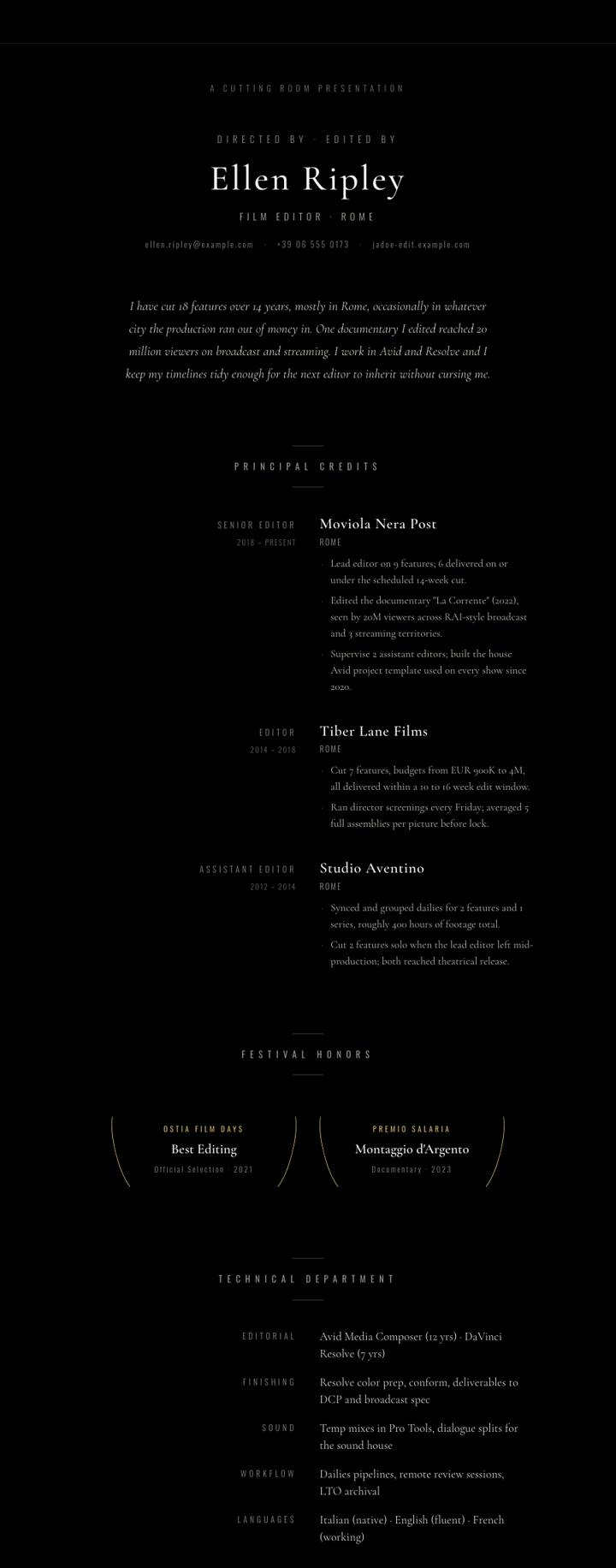Film Credits CV template preview