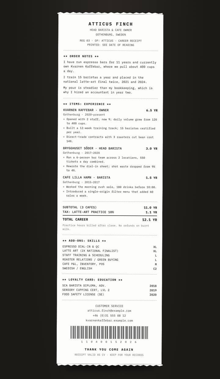 Thermal Receipt CV template preview